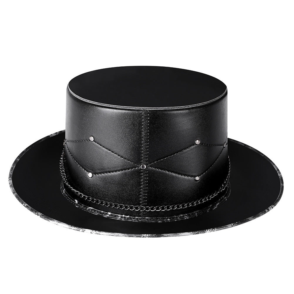 Black faux leather top hat with chain and stud details, flat lay | Chaps London