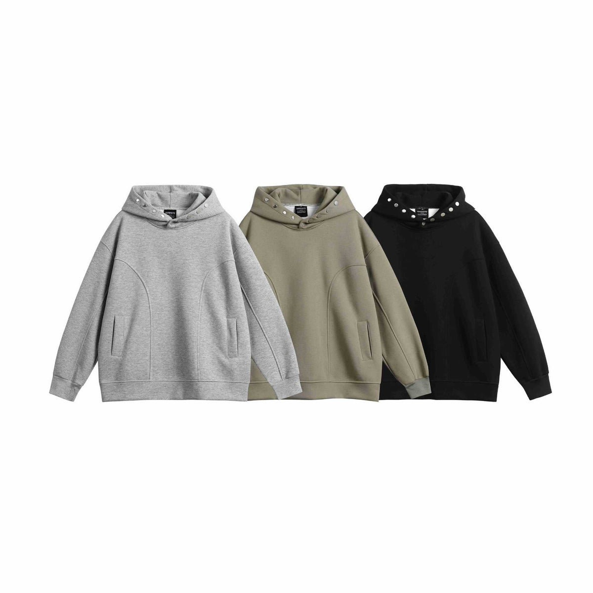 Three oversized hoodies shown flat, grey, olive green, and black colours | Chaps London