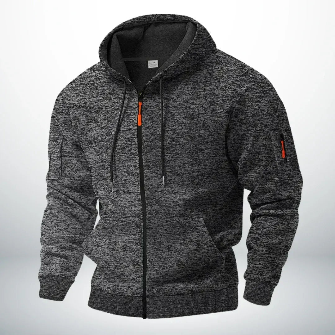 Dark gray marled zip-up hoodie with sleeve pocket, shown on mannequin | Chaps London