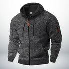Dark gray marled zip-up hoodie with sleeve pocket, shown on mannequin | Chaps London