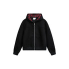 Black zip-up hoodie with red plaid lined hood, flat lay view | Chaps London