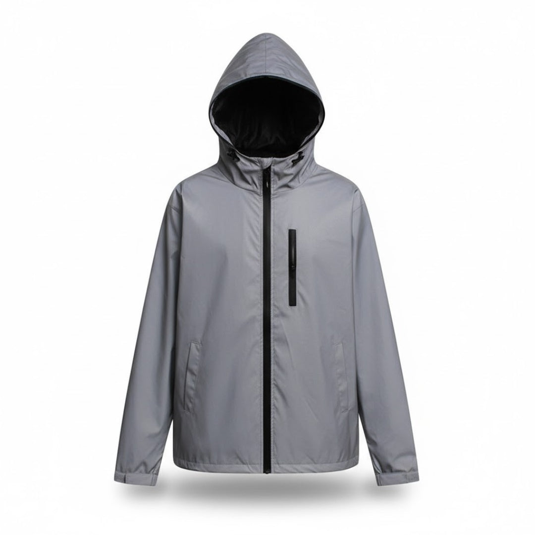 Gray hooded zip-up jacket with black trim, displayed flat on mannequin | Chaps London