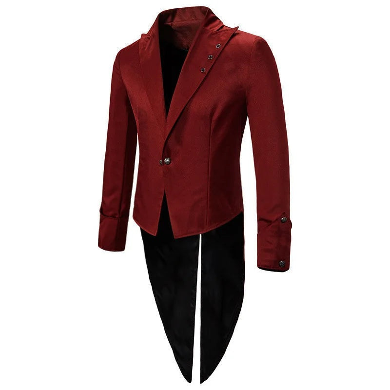 Red tailcoat jacket with black swallowtail back, worn on mannequin, lapel collar | Chaps London