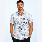 White shirt with blue floral and skull print, worn by man | Chaps London