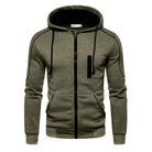 Olive green zip-up hoodie with contrast stitching, worn by a person | Chaps London