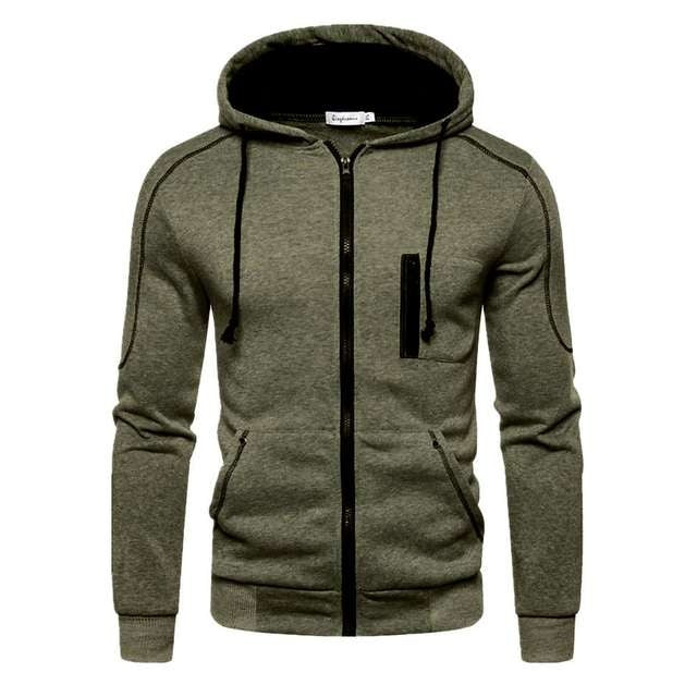 Olive green zip-up hoodie with contrast stitching, worn by a person | Chaps London