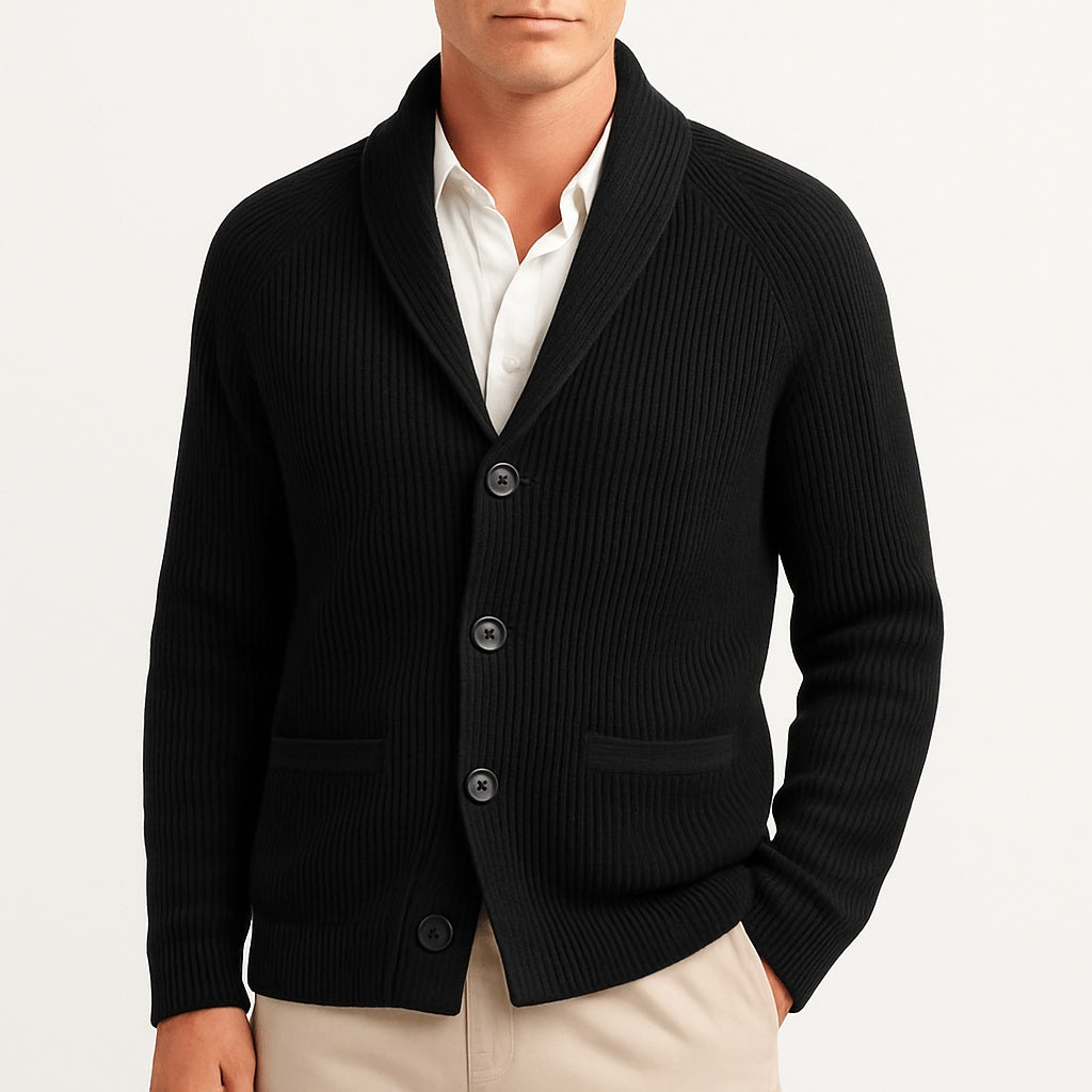 Man wearing black ribbed knit shawl collar cardigan with buttons and pockets | Chaps London