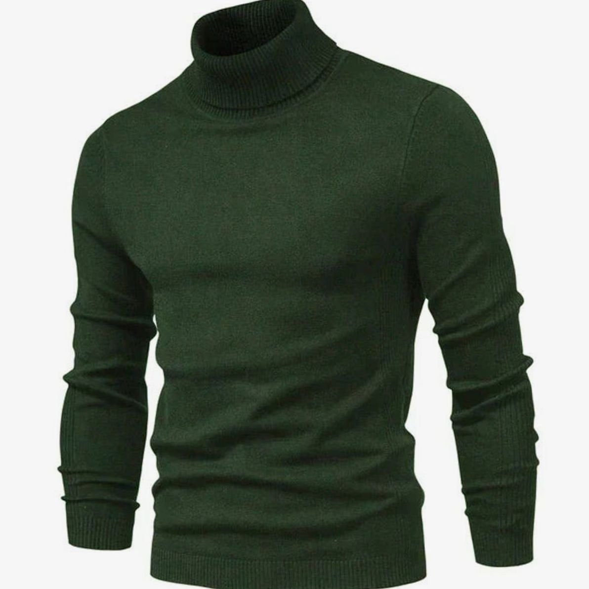 Dark green ribbed turtleneck sweater, slim fit, worn by faceless model | Chaps London