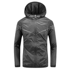 Gray hooded windbreaker jacket with reflective stripes, shown flat on mannequin form | Chaps London