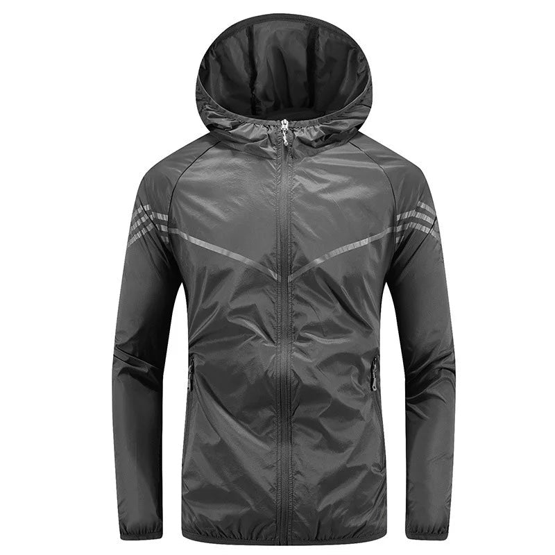 Gray hooded windbreaker jacket with reflective stripes, shown flat on mannequin form | Chaps London