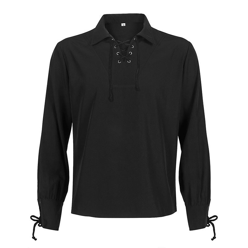 Black medieval-style shirt with lace-up neck, long sleeves, laid flat | Chaps London