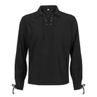 Black medieval-style shirt with lace-up neck, long sleeves, laid flat | Chaps London