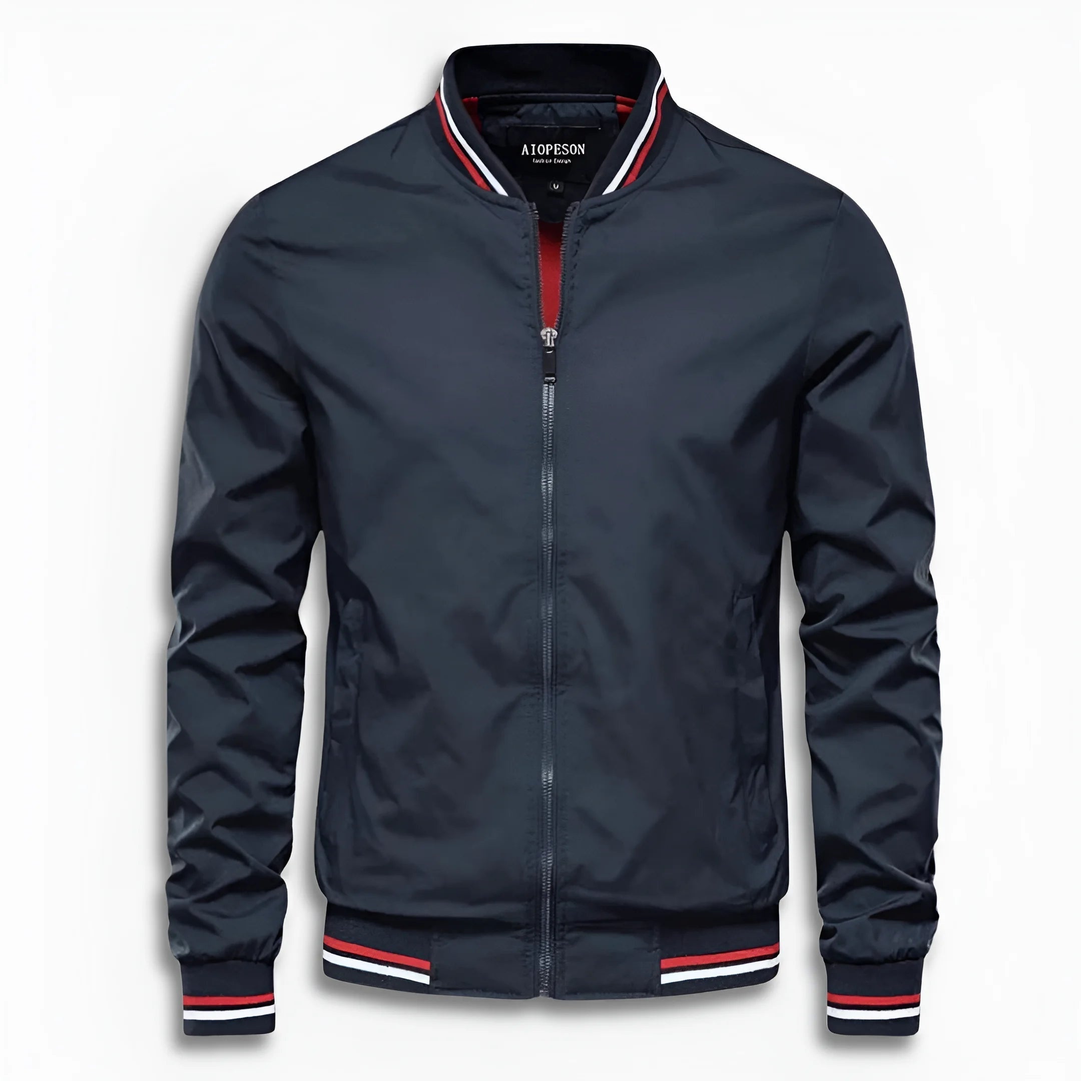 Navy bomber jacket with striped rib trim, laid flat, zipped front | Chaps London