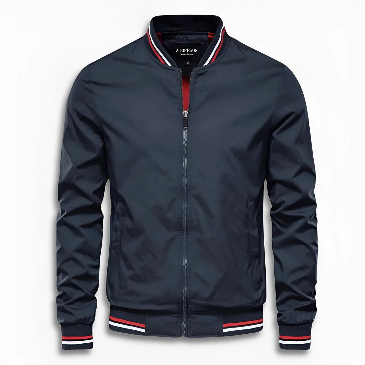 Men's Bomber Jacket | Striped Rib Trim | Stand Collar | Water Repellent