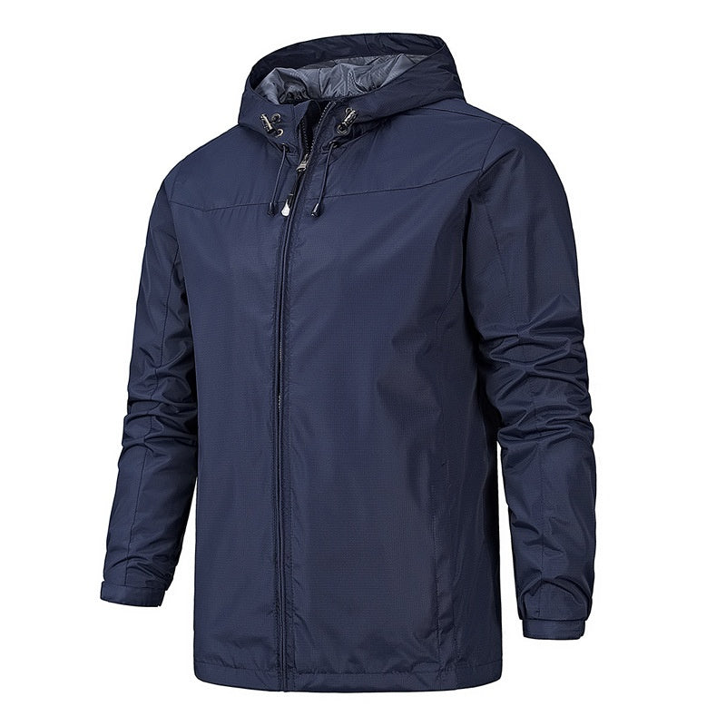Navy blue hooded zip-up jacket displayed on a mannequin torso | Chaps London