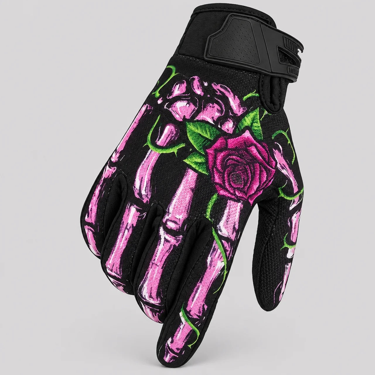 Black glove with pink skeleton hand and rose embroidery design | Chaps London