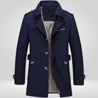 Navy blue single-breasted trench coat with epaulettes, displayed on mannequin, checkered lining visible | Chaps London