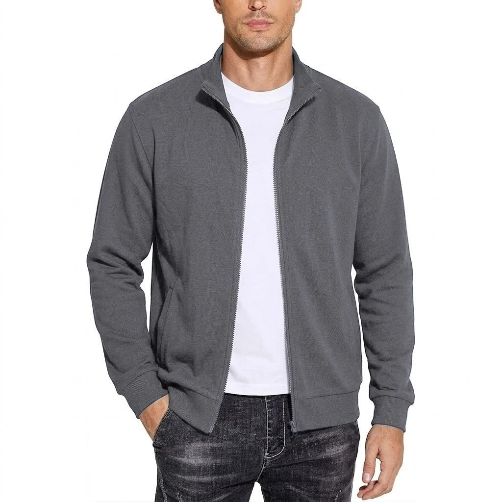 Gray zip-up jacket worn by man, stand collar, white shirt underneath | Chaps London