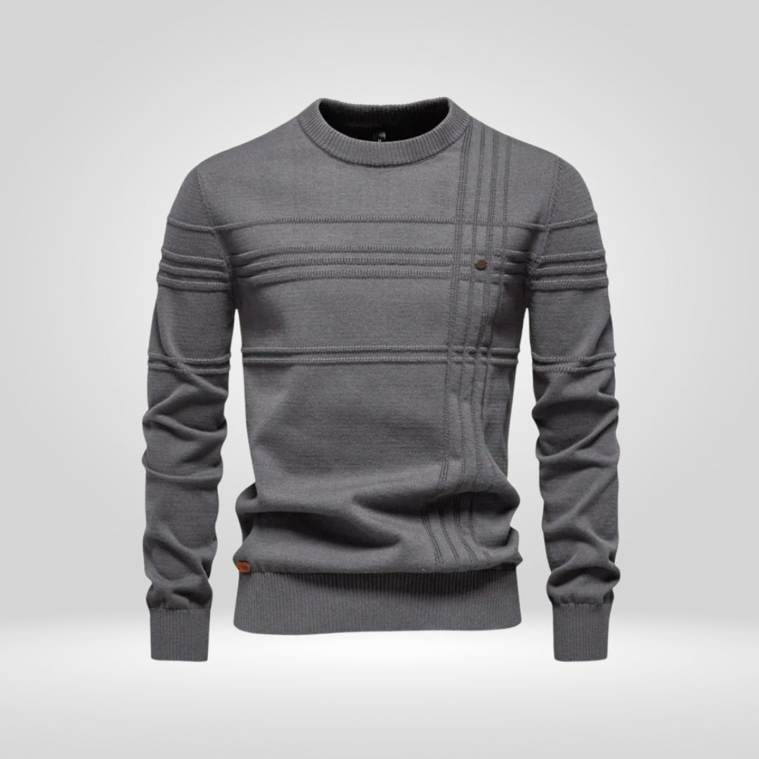 Gray knitted crew neck sweater with raised rib stripes, shown flat | Chaps London