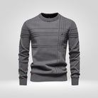Gray knitted crew neck sweater with raised rib stripes, shown flat | Chaps London