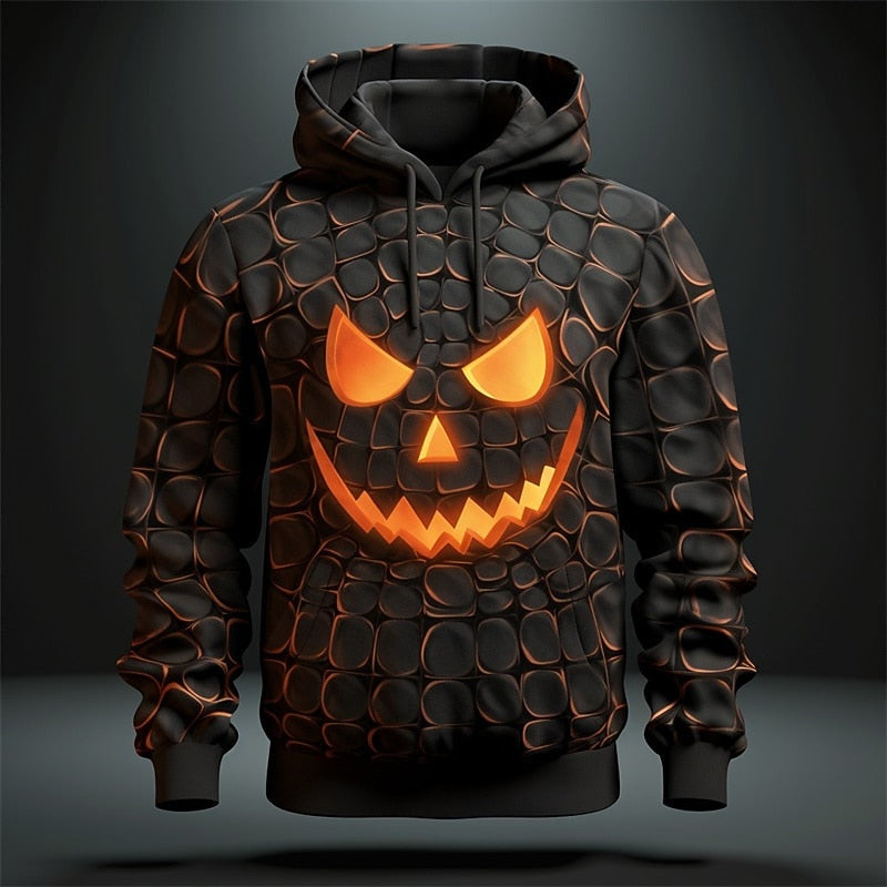 Black hoodie with glowing orange pumpkin face print, shown on mannequin | Chaps London