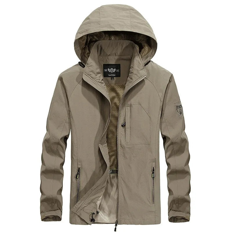 Khaki hooded jacket with zip pockets, laid flat, hood extended | Chaps London