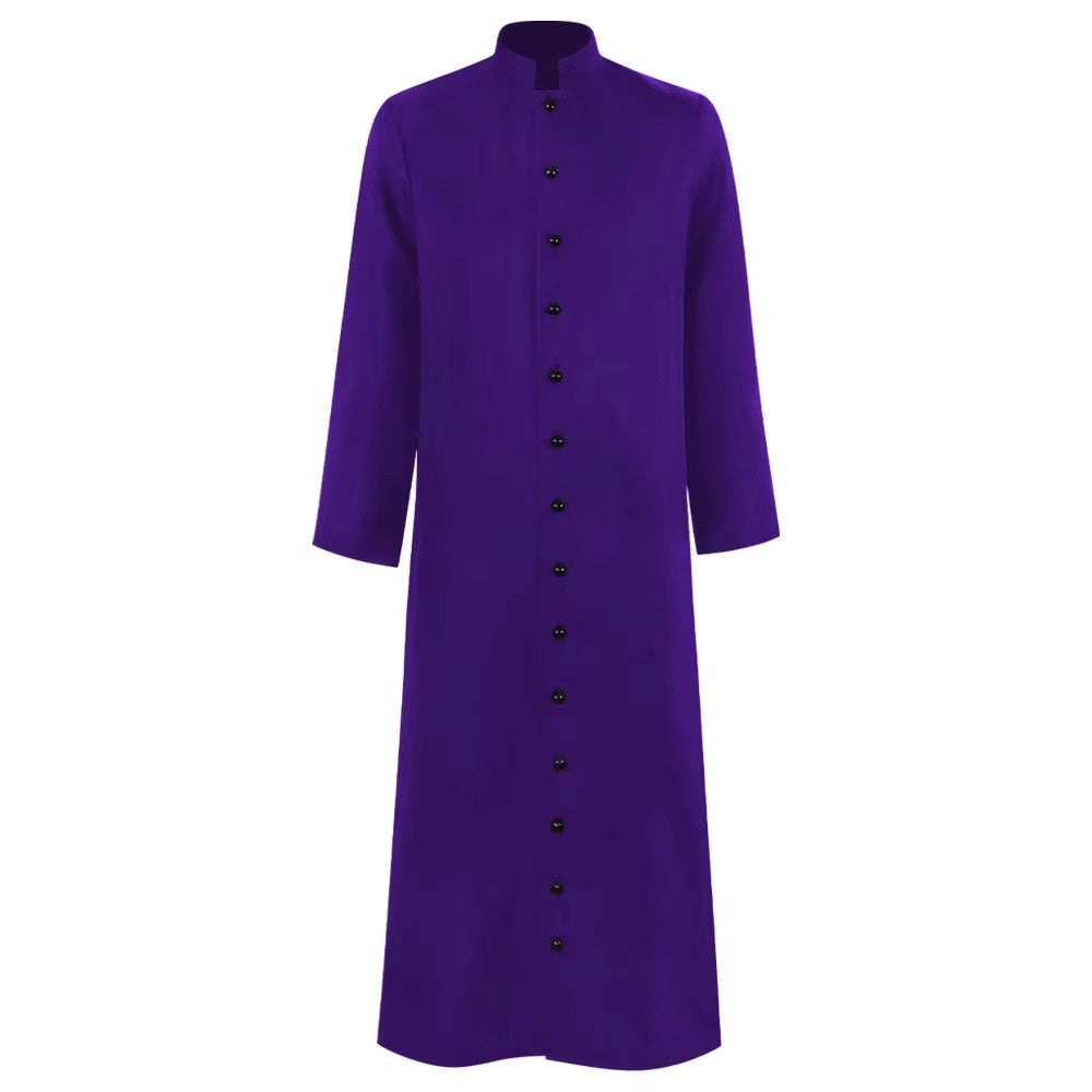 Purple cassock robe with stand collar and button front, flat lay | Chaps London