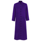 Purple cassock robe with stand collar and button front, flat lay | Chaps London
