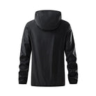 Black hooded jacket with drawstring hood, worn by a person, back view | Chaps London