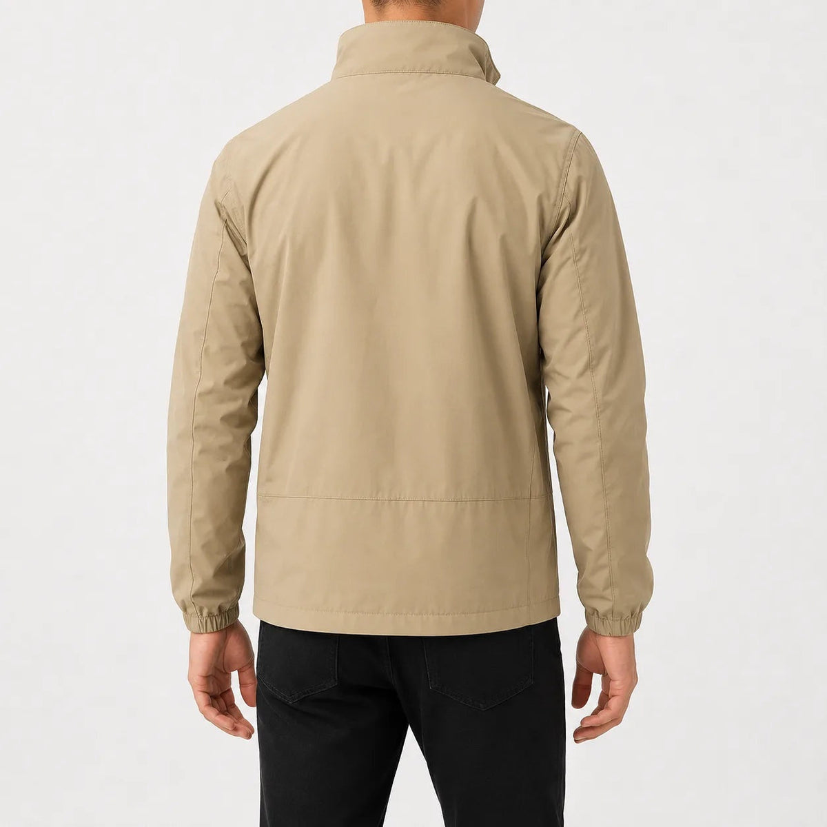 Man wearing beige rain jacket with high collar, back view | Chaps London