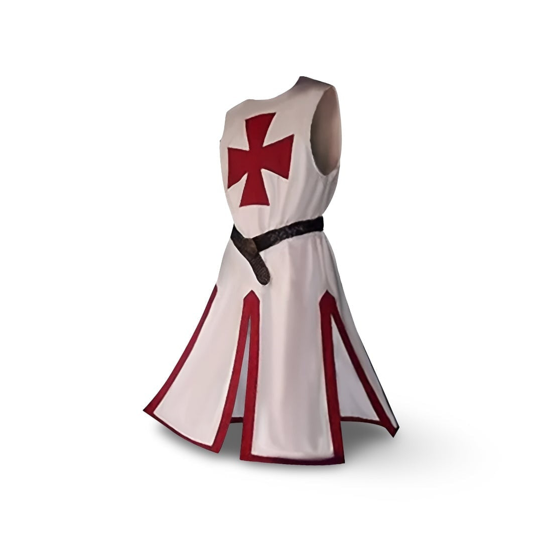 White sleeveless tunic with red cross, belt, shown on mannequin | Chaps London