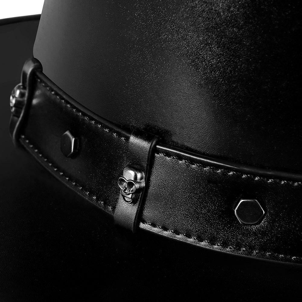 Black top hat band close-up with skull studs and hexagon rivets | Chaps London