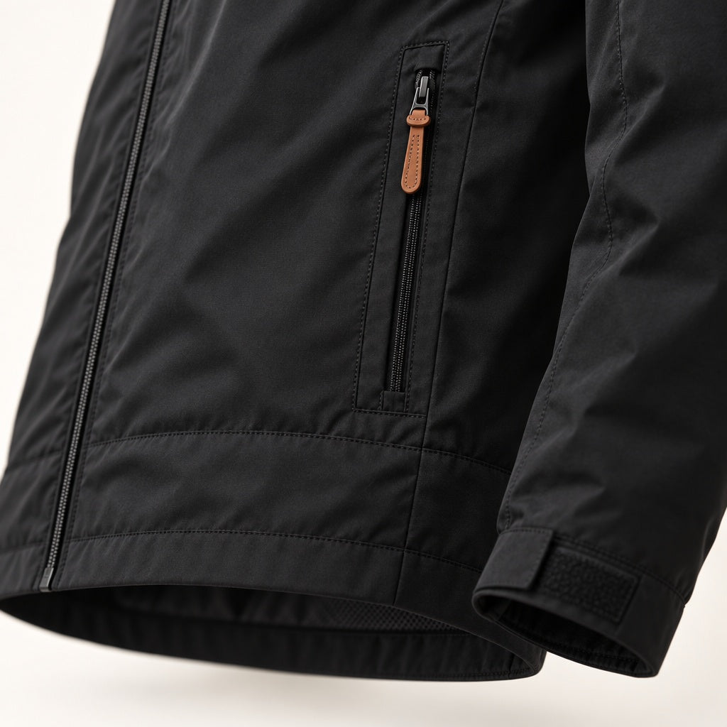 Black jacket close-up showing zip pocket and tan zipper pull detail | Chaps London
