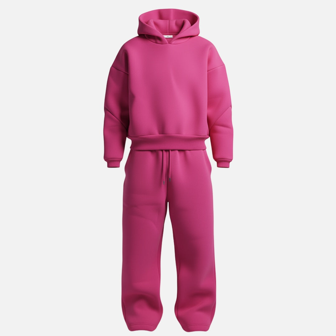 Pink oversized hoodie tracksuit with wide leg joggers, displayed flat | Chaps London