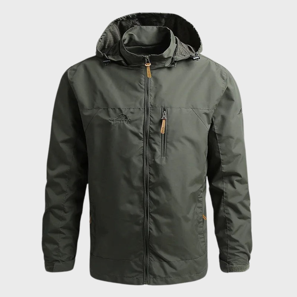 Dark green hooded rain jacket with zip pockets, shown on mannequin | Chaps London