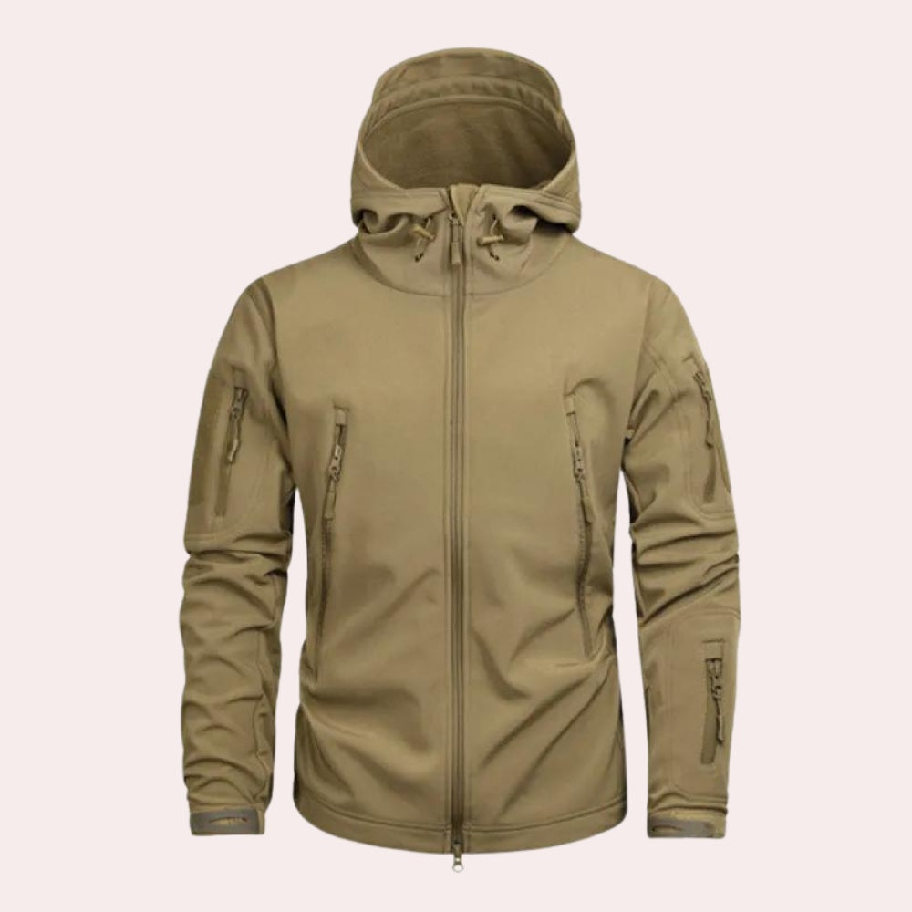 Khaki hooded softshell jacket with zip pockets, worn by a man, front view | Chaps London