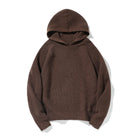 Brown knit hoodie with ribbed sleeves, laid flat, hood visible | Chaps London