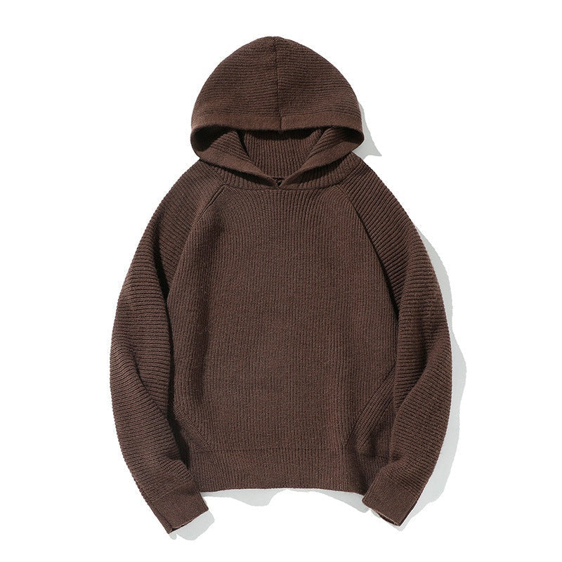 Brown knit hoodie with ribbed sleeves, laid flat, hood visible | Chaps London