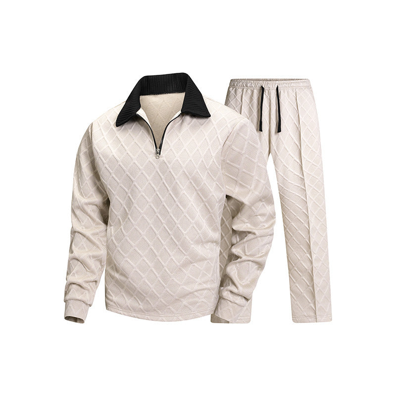 Men's Half Zip Lounge Set | Diamond Texture | Cream