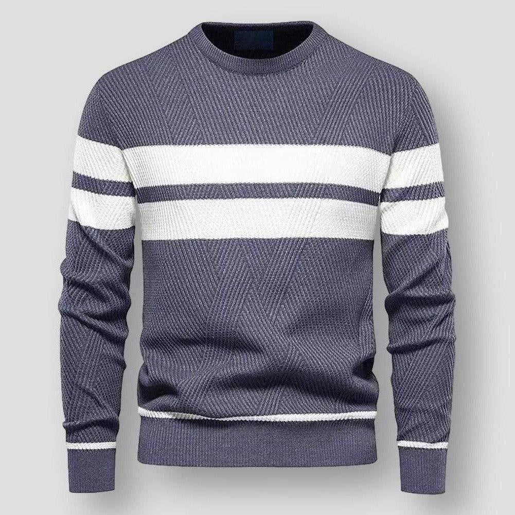 Gray knit sweater with white chest stripes, worn by a person | Chaps London