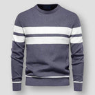 Gray knit sweater with white chest stripes, worn by a person | Chaps London
