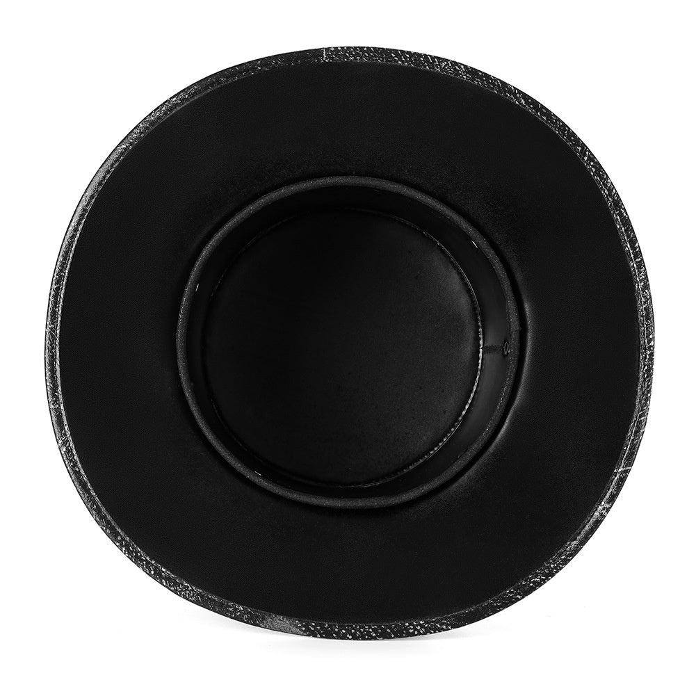 Black faux leather top hat, flat top-down view showing brim and crown | Chaps London