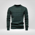 Dark green knitted crew neck sweater with raised rib lines, flat lay | Chaps London