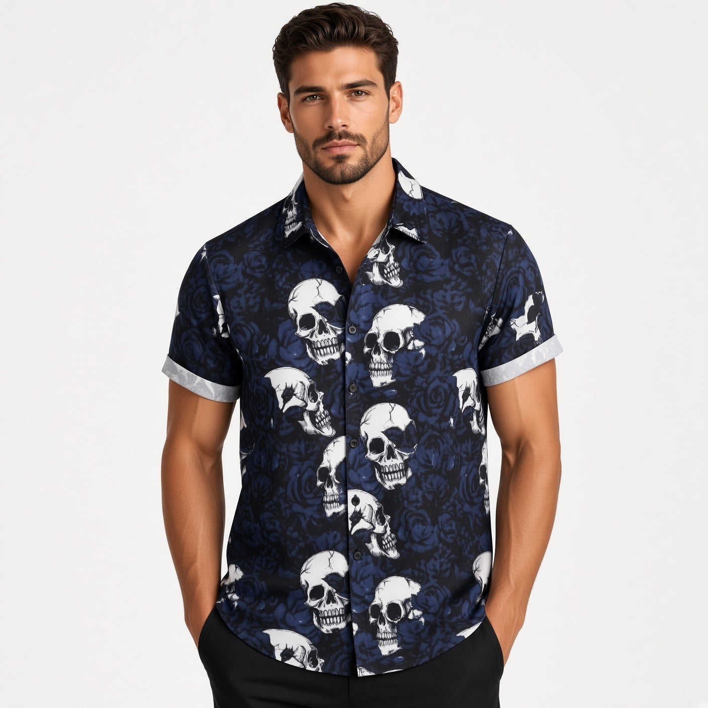 Man wearing navy shirt with white skull and floral print, short sleeves | Chaps London