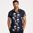 Man wearing navy shirt with white skull and floral print, short sleeves | Chaps London