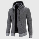 Gray knitted zip-up hooded jacket with textured pattern, worn by faceless model | Chaps London
