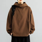 Brown waffle-textured oversized hoodie with funnel neck, worn by man with backpack | Chaps London