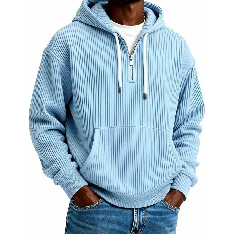 Light blue ribbed half-zip hoodie worn by man with pocket | Chaps London
