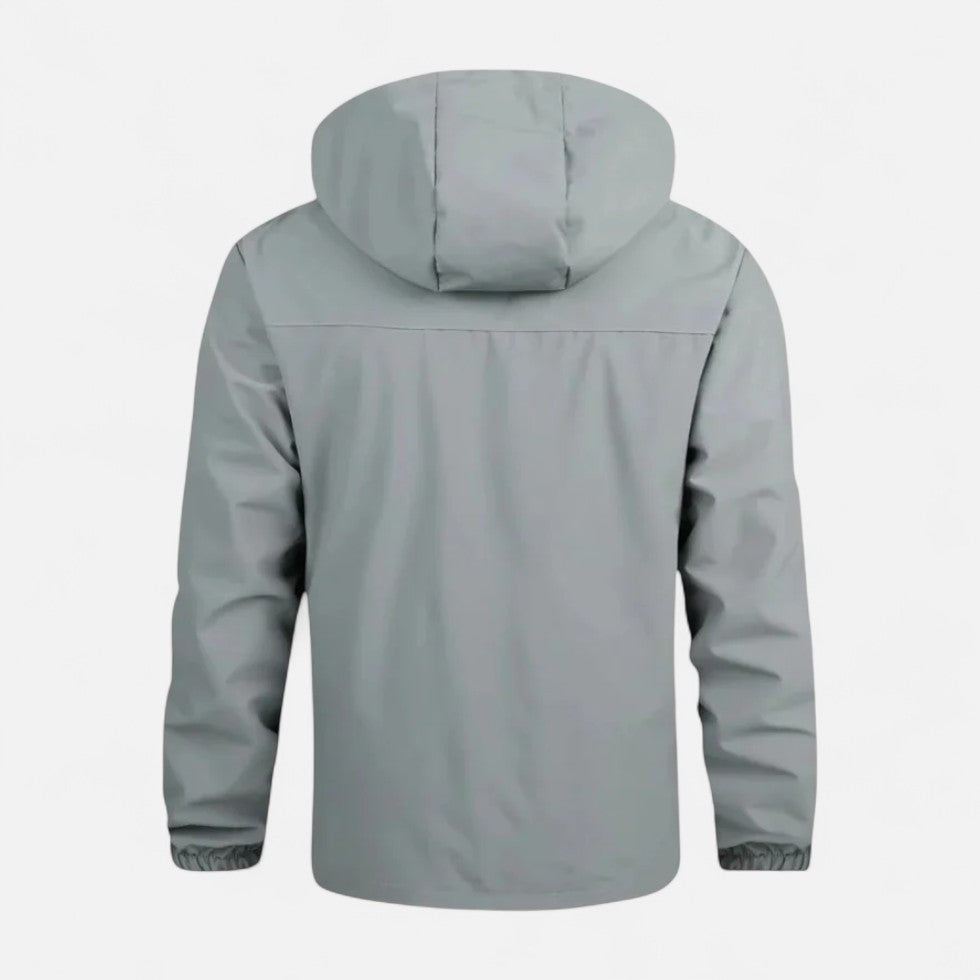 Gray hooded windbreaker jacket shown from behind, worn by a person | Chaps London