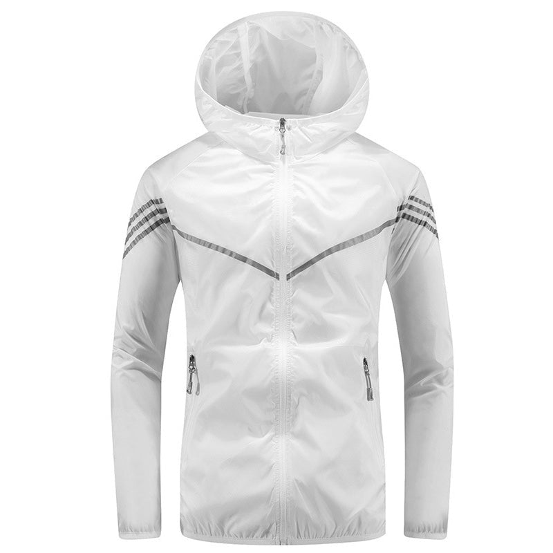 White hooded zip-up jacket with chevron stripes, shown flat on mannequin | Chaps London